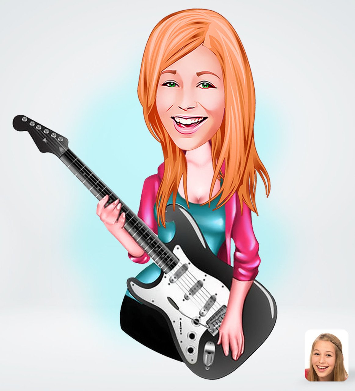 Kişiye Özel Kadın Gitarist Karikatürlü Sosyal Medya Dijital Profil Fotoğrafı - Model 1