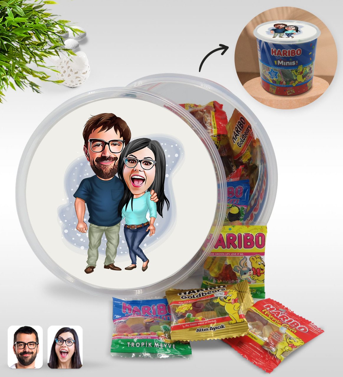 Kişiye Özel Sevgililer Karikatürlü Dev Boy Haribo Minis Kovası (10gx100adet) Model 109