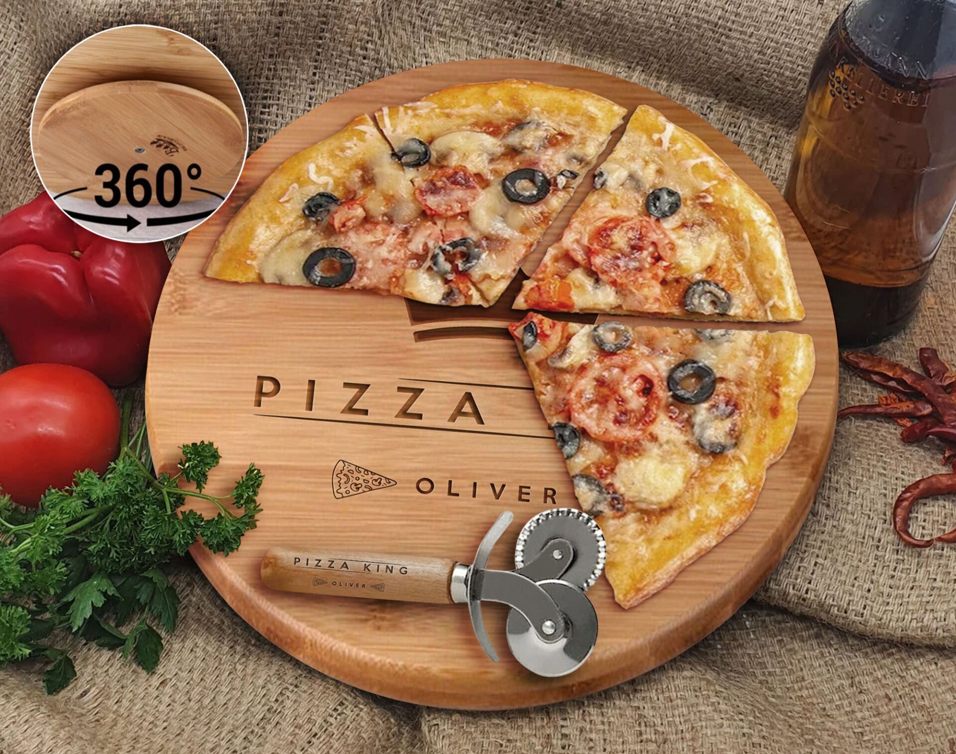 BK Gift Kişiye Özel İsimli Bambu Ahşap Döner Tablalı Pizza Tahtası-1, Pizza Kesme Tahtası Seti, Şarküteri Tahtası, Servis Tepsisi, Ahşap Tabak, Eve Taşınma Hediyesi