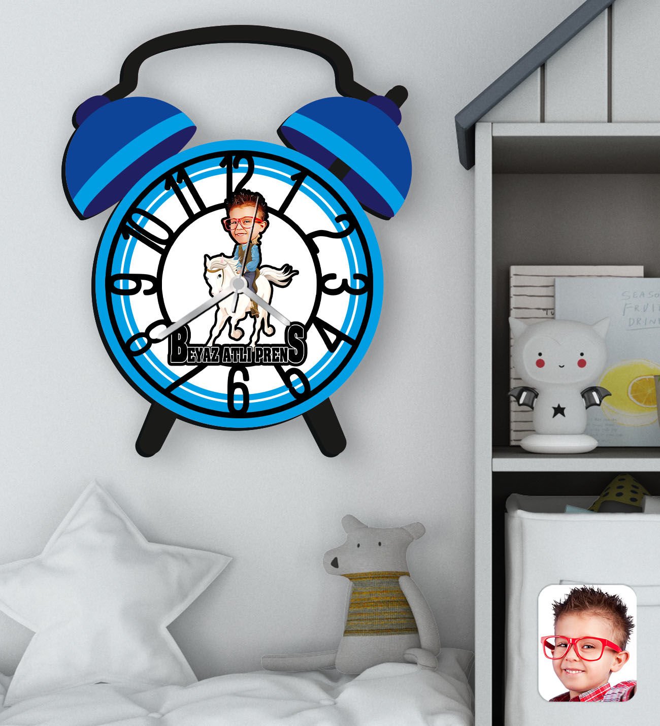 BK Gift Kişiye Özel Prens Karikatürlü Retro Çalar Saat Tasarımlı Kabartma Figürlü Ahşap Çocuk Duvar Saati-2, Ev Dekoru, Çocuk Odası Aksesuar
