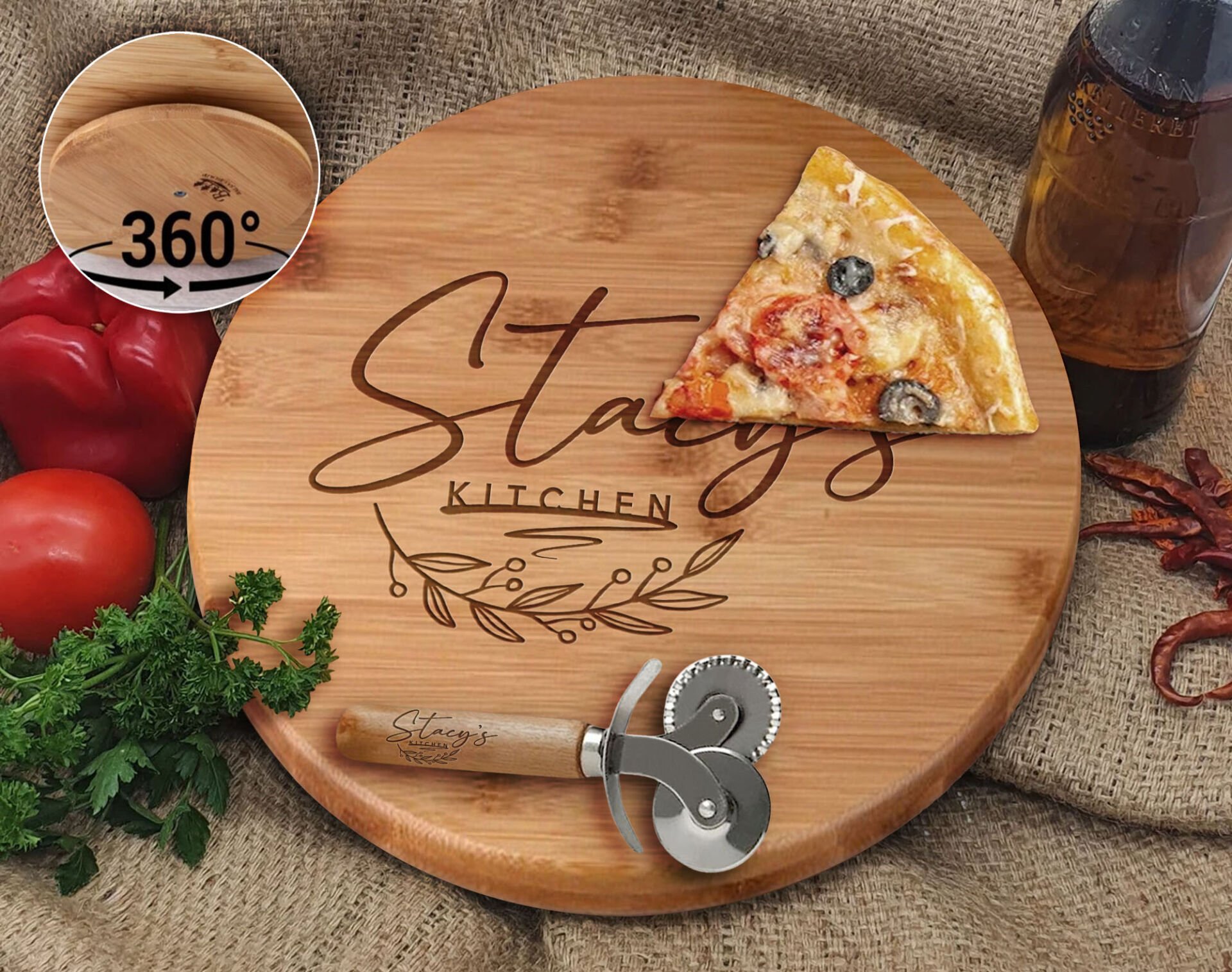 BK Gift Kişiye Özel İsimli Bambu Ahşap Döner Tablalı Pizza Tahtası-12, Pizza Kesme Tahtası Seti, Şarküteri Tahtası, Servis Tepsisi, Ahşap Tabak, Eve Taşınma Hediyesi