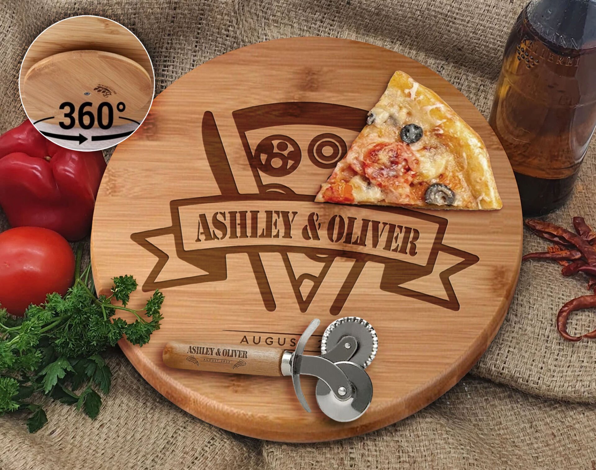 BK Gift Kişiye Özel İsimli Tarihli Bambu Ahşap Döner Tablalı Pizza Tahtası-3, Pizza Kesme Tahtası Seti, Şarküteri Tahtası, Servis Tepsisi, Ahşap Tabak, Eve Taşınma Hediyesi