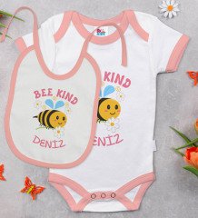 BK Kids Kişiye Özel Bee Kind Tasarımlı Pembe Bebek Body Zıbın ve Mama Önlüğü Hediye Seti