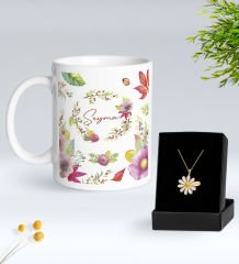 BK Gift Kişiye Özel İsimli Çiçek Tasarımlı Beyaz Kupa ve Papatya Kolye Hediye Seti - 1, Sevgiliye Hediye, Anneye Hediye, Arkadaşa Hediye