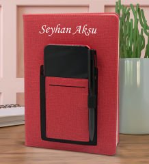 BK Gift Kişiye Özel İsimli Telefon Bölmeli Kırmızı Termo Deri Defter 15x21cm