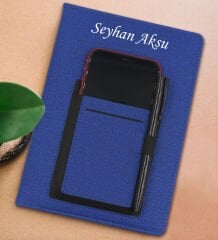 BK Gift Kişiye Özel İsimli Telefon Bölmeli Lacivert Termo Deri Defter 15x21cm