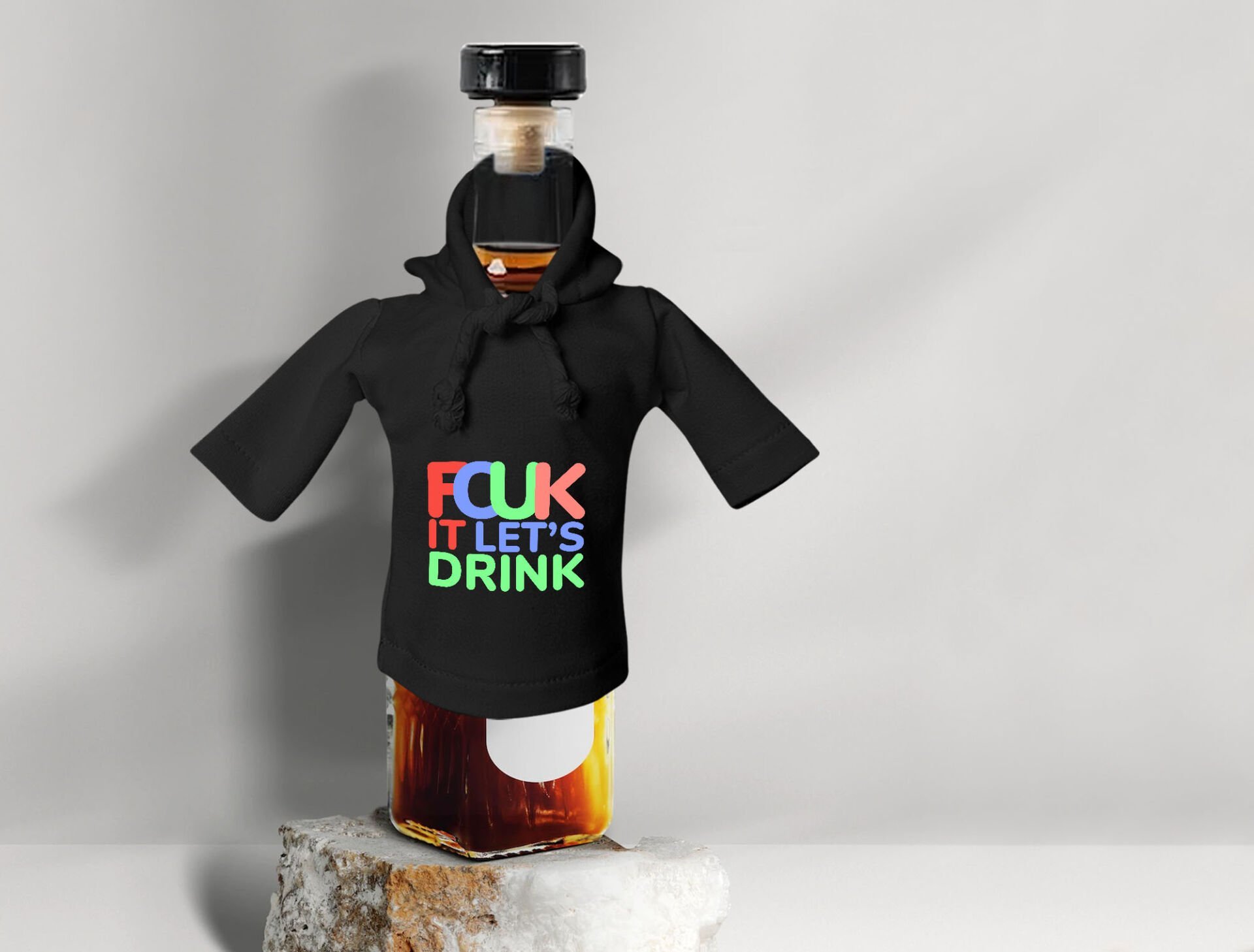 BK Gift Fcuk Tasarımlı Mini Siyah İçki Şişesi Tişörtü , Viski, Şarap, Votka, Rakı Şişesi Tişörtü-1