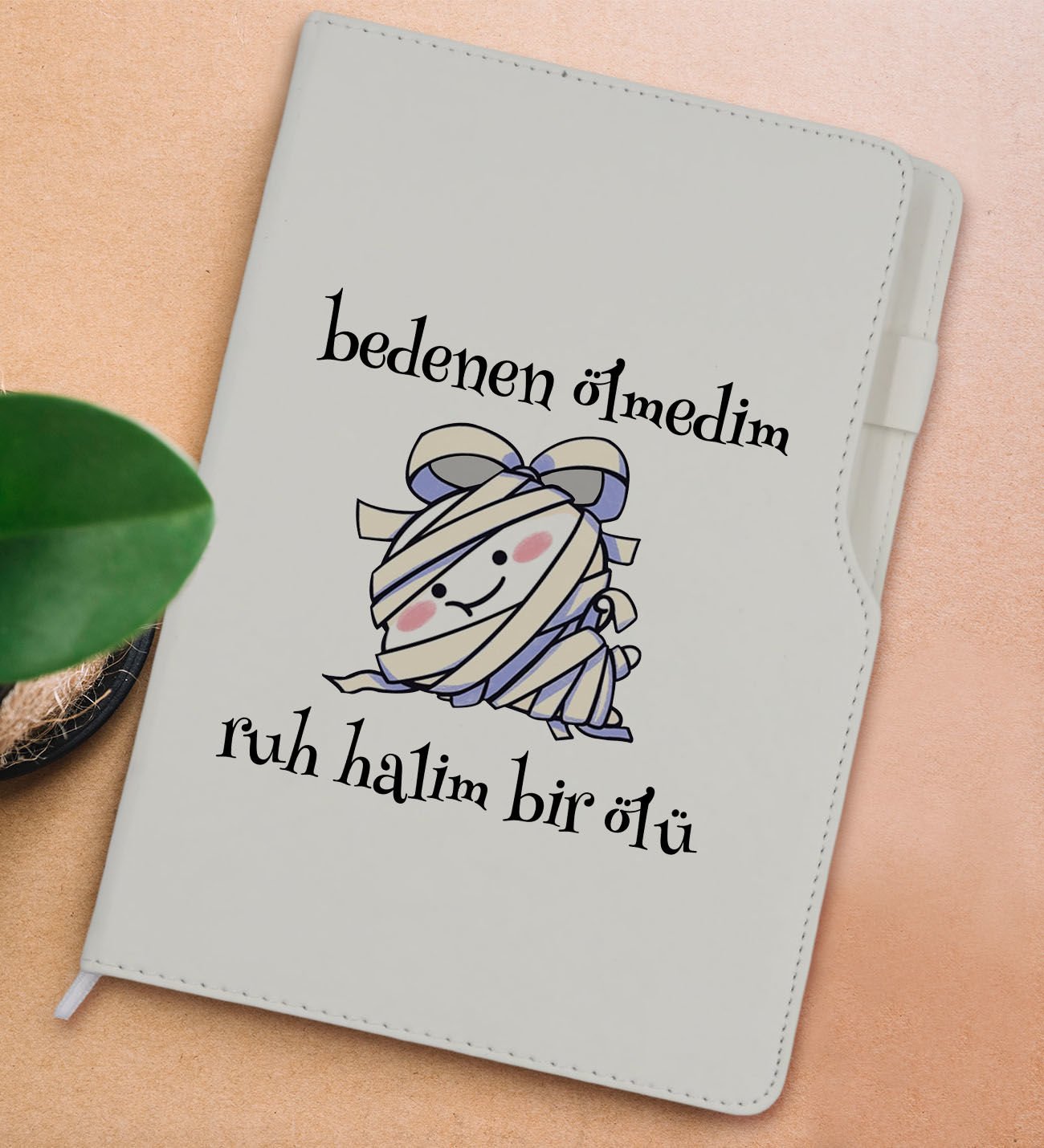 BK Gift Ruh Halim Bir Ölü Tasarımlı Beyaz Termo Deri Not Defteri 15x21cm-1