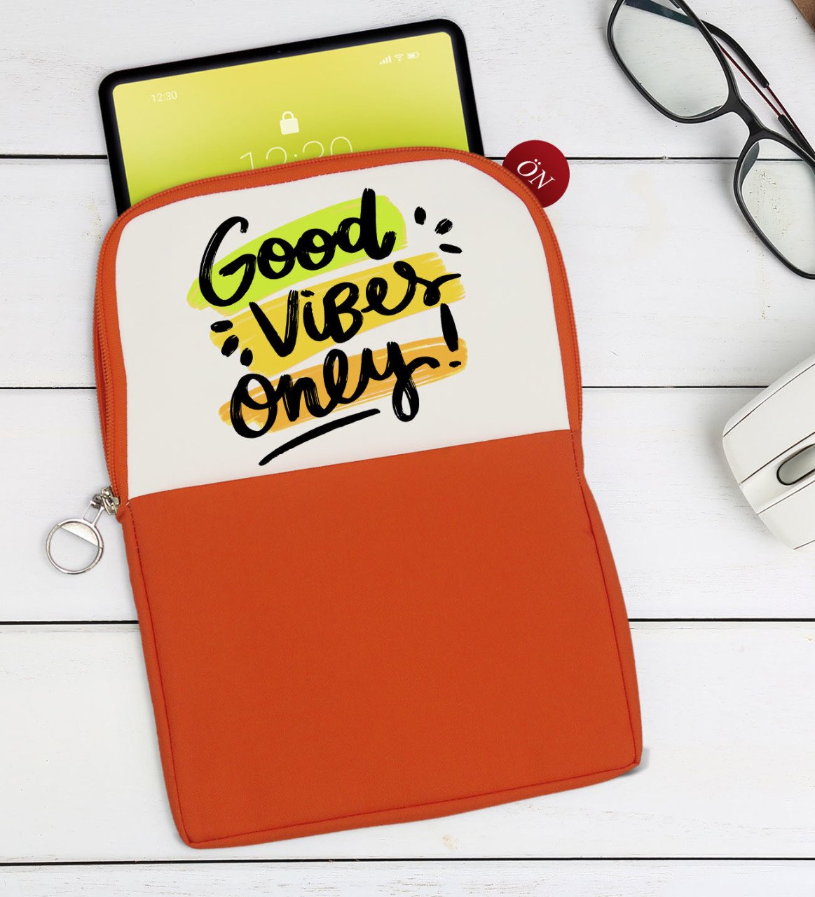 BK Gift Good Vibes Only Tasarımlı Taşınabilir Koruyucu Tablet Kılıfı & Organizer Çanta - Turuncu-1