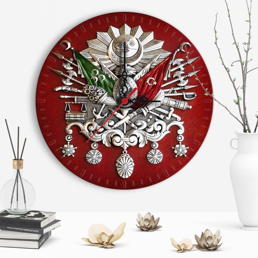 Dekoratif Osmanlı Arması Tasarımlı Ahşap Duvar Saati