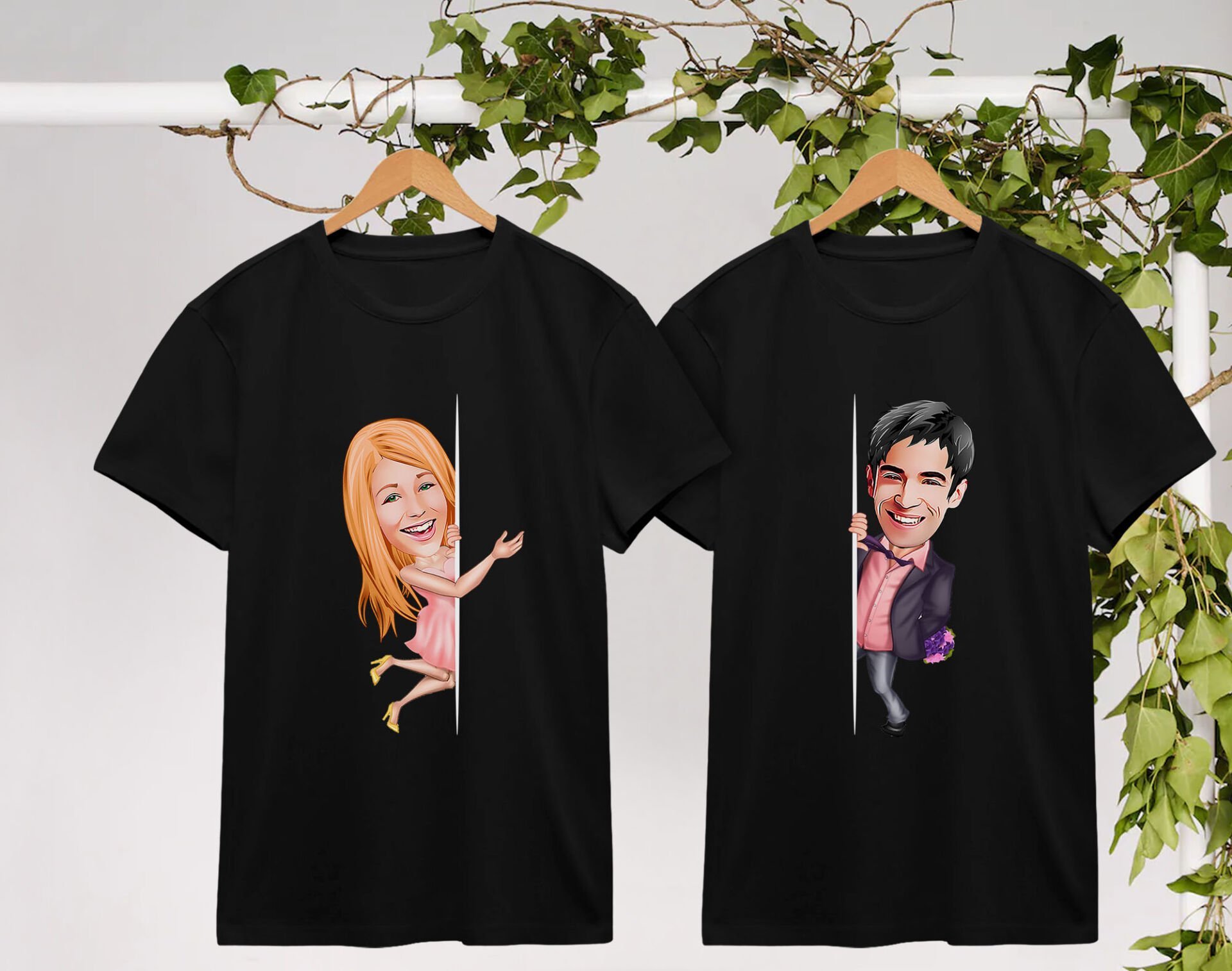 BK Gift Kişiye Özel Sevgililer Karikatürlü İkili Siyah T-shirt Seti, Sevgililer Hediye, Çift Hediyesi, Yıl Dönümü Hediyesi, Kişiye Özel Tişört-4