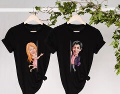 BK Gift Kişiye Özel Sevgililer Karikatürlü İkili Siyah T-shirt Seti, Sevgililer Hediye, Çift Hediyesi, Yıl Dönümü Hediyesi, Kişiye Özel Tişört-4