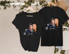 BK Gift Kişiye Özel Sevgililer Karikatürlü İkili Siyah T-shirt Seti, Sevgililer Hediye, Çift Hediyesi, Yıl Dönümü Hediyesi, Kişiye Özel Tişört-5