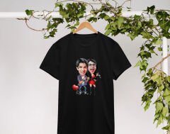 BK Gift Kişiye Özel Sevgililer Karikatürlü İkili Siyah T-shirt Seti, Sevgililer Hediye, Çift Hediyesi, Yıl Dönümü Hediyesi, Kişiye Özel Tişört-6