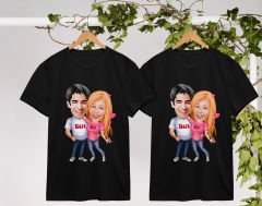BK Gift Kişiye Özel Sevgililer Karikatürlü İkili Siyah T-shirt Seti, Sevgililer Hediye, Çift Hediyesi, Yıl Dönümü Hediyesi, Kişiye Özel Tişört-10