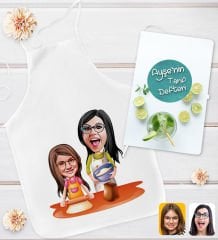 BK Gift Kişiye Özel Anne Kız Karikatür Tasarımlı Mutfak Önlüğü ve Yemek Tarif Defteri Hediye Seti-1, Anneye Hediye, Anneler Günü Hediyeleri