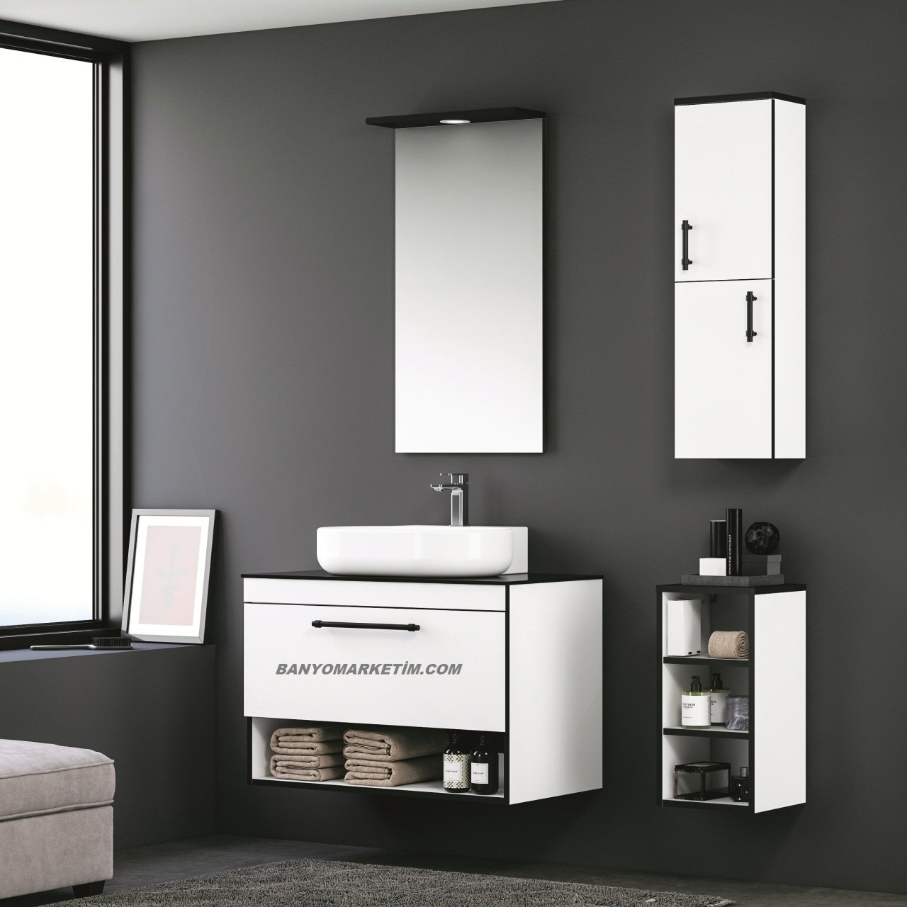 Orka Knidos 70+30 Banyo Dolabı Beyaz (Beyaz Lavabolu) ( Alt Yan Boy Dolabı Dahildir - Üst Asma Yan Boy Dolabı Hariçtir )
