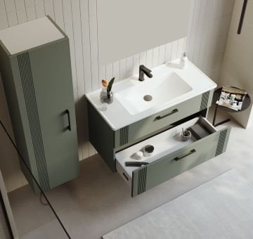 Orka Bari 100 Banyo Dolabı (Dolaplı Aynalı) + Boy Dolabı 40 Mat Soft Yeşil ( Boy Dolabı Dahildir )