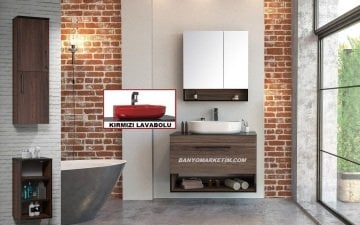 Orka Knidos 90 Banyo Dolabı Navaro ( Dolaplı Aynalı ) (Kırmızı Lavabolu) ( Boy Dolapları Hariçtir )