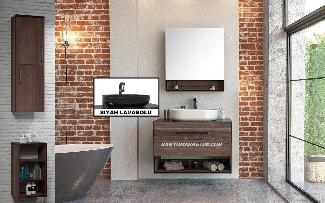 Orka Knidos 90 Banyo Dolabı Navaro ( Dolaplı Aynalı ) (Siyah Lavabolu) ( Boy Dolapları Hariçtir )