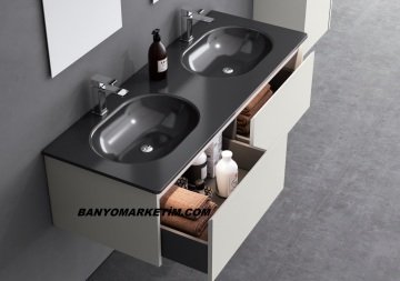 Orka Lisbon 132 Banyo Dolabı (Çift Lavabolu) (Çift 45x65 Led Aynalı) Kaşmir (Boy Dolabı Hariç)