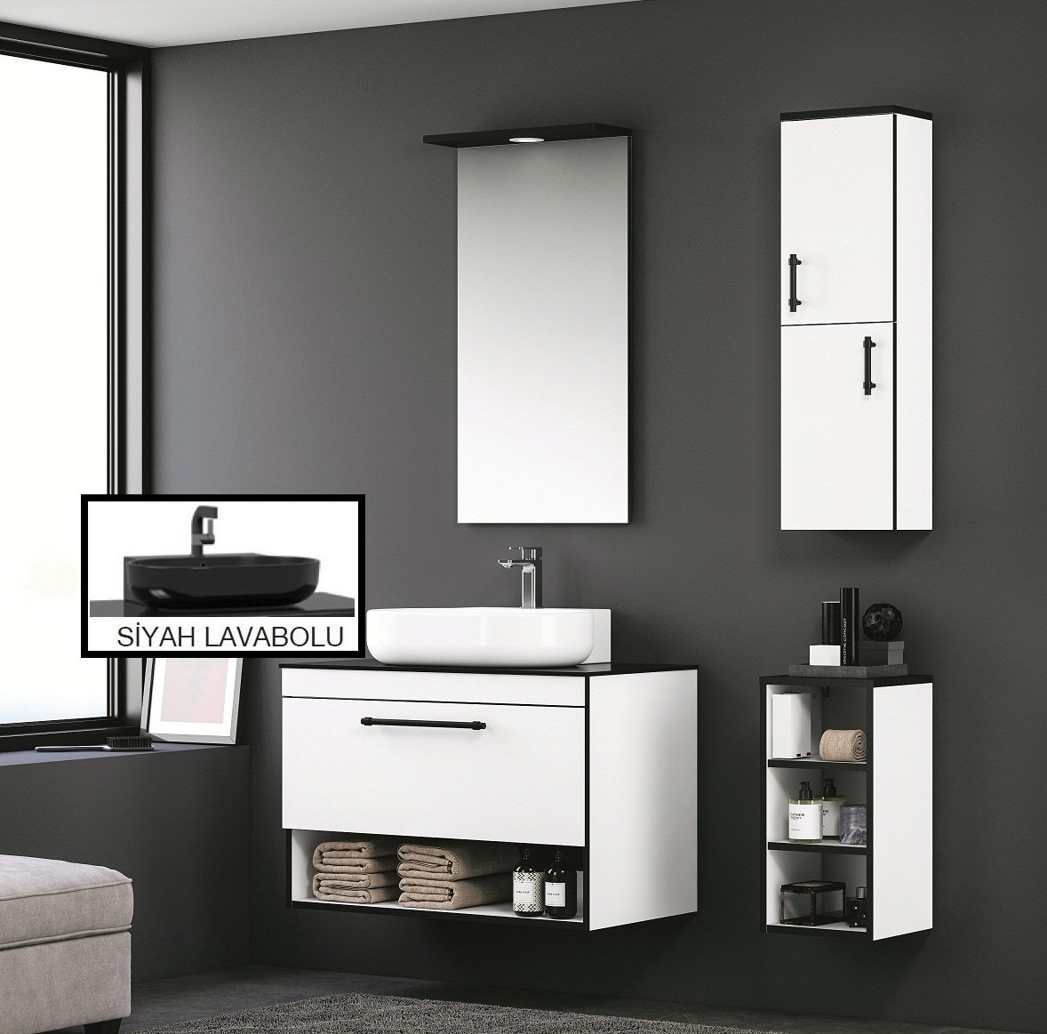 Orka Knidos 70+30 Banyo Dolabı Beyaz (Siyah Lavabolu) ( Alt ve Üst Yan Boy Dolapları Dahildir )