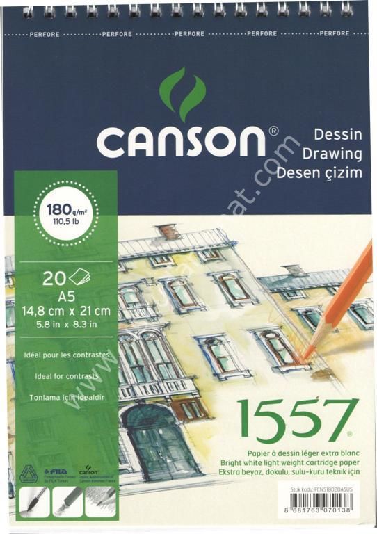 Canson 1557  Spiralli Çizim Blok 180gr A5 20yp