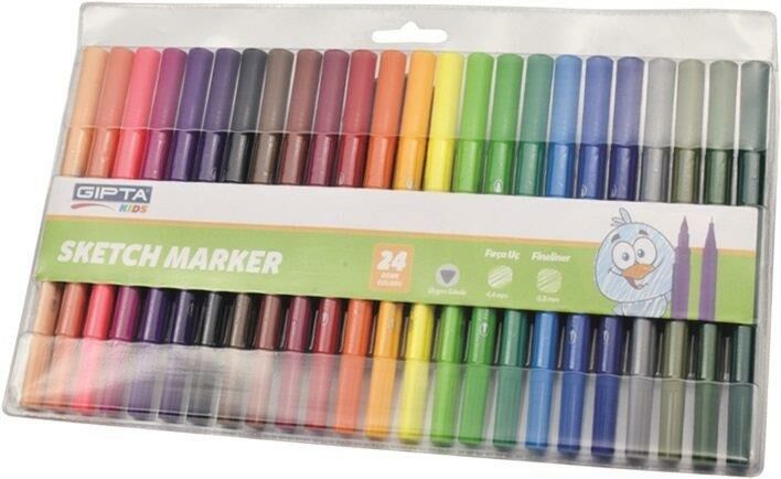 Gıpta Sketch Marker Fırça Uç + Fineliner Keçe Uç Kalem Pvc Çantalı (Çift Uçlu) 24 Renk