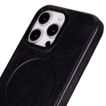 Apple iPhone 16 Pro Max uyumlu, Hakiki Deri, El Yapımı Kılıf, Parlak Siyah