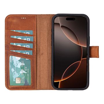 Apple iPhone 16 Pro Max uyumlu, Hakiki Deri, El Yapımı, Cüzdanlı Kılıf, Karamel