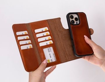 Apple iPhone 16 Pro uyumlu, Hakiki Deri, El Yapımı, Cüzdanlı Kılıf, Gölgeli Taba