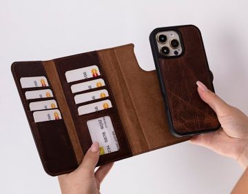 Apple iPhone 16 Pro Max uyumlu, Hakiki Deri, El Yapımı, Cüzdanlı Kılıf, Antik Kahve