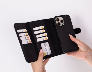 Apple iPhone 16 Pro uyumlu, Hakiki Deri, El Yapımı, Cüzdanlı Kılıf, Mat Siyah
