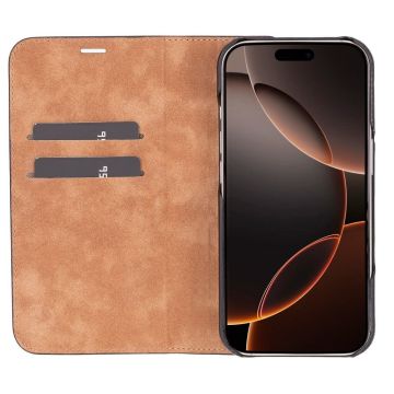 Apple iPhone 16 Pro uyumlu, Hakiki Deri, El Yapımı, Cüzdanlı Kılıf, Parlak Siyah