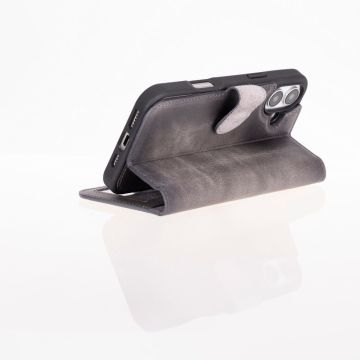 Apple iPhone 16 uyumlu, Hakiki Deri, El Yapımı, Cüzdanlı Kılıf, Gölgeli Gri