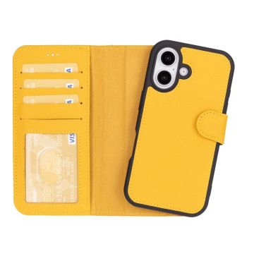 Apple iPhone 16 uyumlu, Hakiki Deri, El Yapımı, Cüzdanlı Kılıf, Limon Sarı