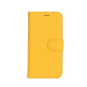 Apple iPhone 16 uyumlu, Hakiki Deri, El Yapımı, Cüzdanlı Kılıf, Limon Sarı