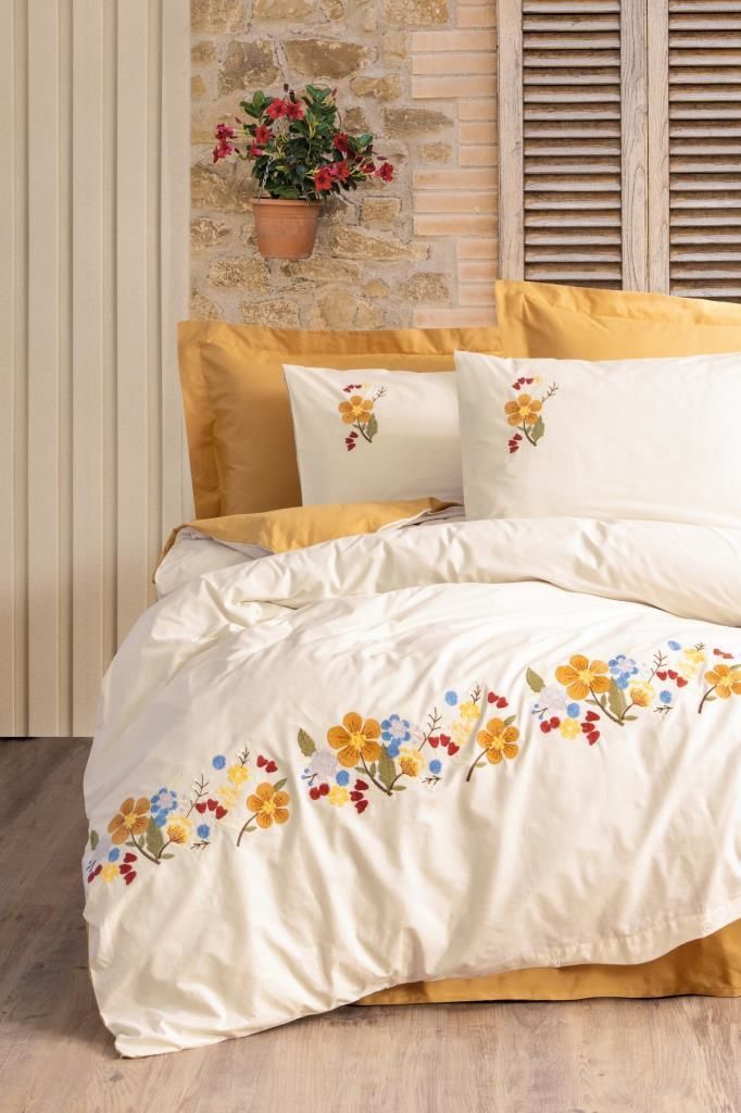 Cotton Box Brode Ranforce Çift Kişilik Nevresim Takımı Pamuya Hardal