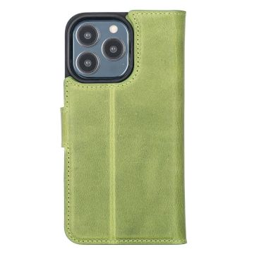 Apple iPhone 13 Pro Uyumlu Deri Cüzdanlı Kılıf Antik yeşil