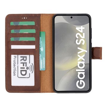 Samsung Galaxy S24 Plus Uyumlu, Deri Cüzdanlı Kılıf, Antik Kahve