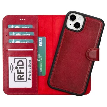 Apple iPhone 15 Plus Uyumlu Deri Cüzdanlı Kılıf MWWN V4EF Kırmızı