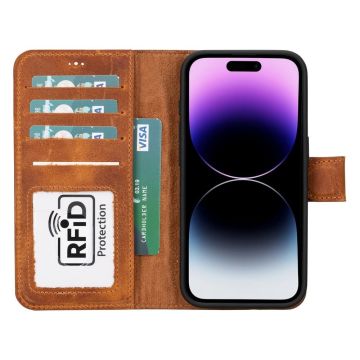 Apple iPhone 15 Pro Uyumlu Deri Cüzdanlı Kılıf MWWN G19 Taba