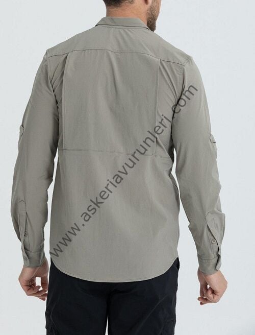 Taktikal Likralı Esnek Kumaş Gömlek Bej Renk