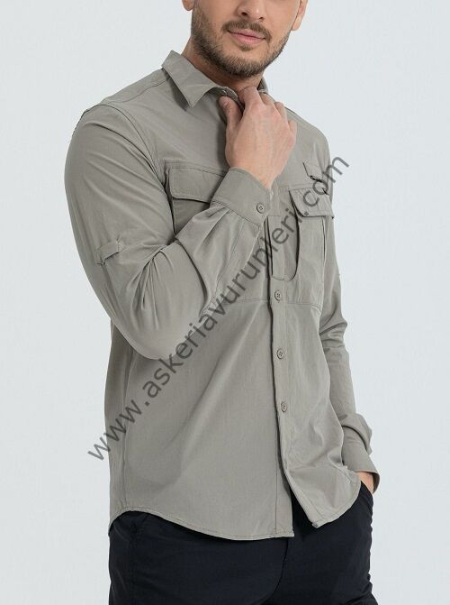 Taktikal Likralı Esnek Kumaş Gömlek Bej Renk