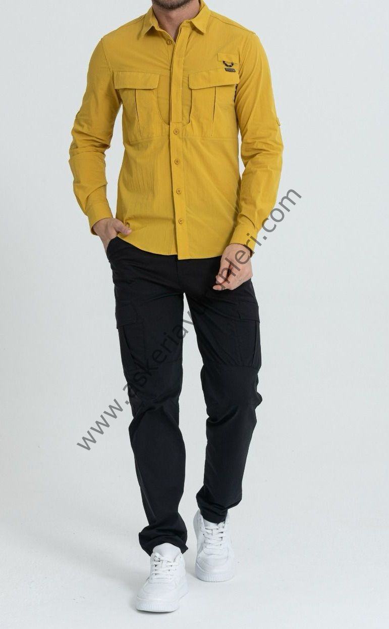 Taktikal Likralı Esnek Kumaş Gömlek Sarı Renk
