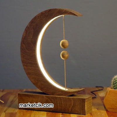 Marketcik Dekoratif Ahşap Ay Model Mıknatıslı Led Masa Lambası