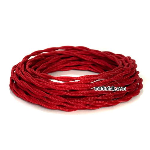 Marketcik 2x0,50mm Kırmızı Renkli Dekoratif BURGULU Kumaş Kablo, 5 Metrelik Paket