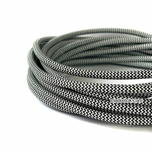 Marketcik 2x0,50mm Siyah Beyaz Renk Dekoratif Örgülü Kumaş Kablo, 1 Metre