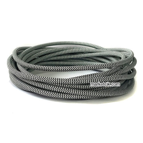 Marketcik 2x0,50mm Siyah Beyaz Renk Dekoratif Örgülü Kumaş Kablo, 5 Metrelik Paket
