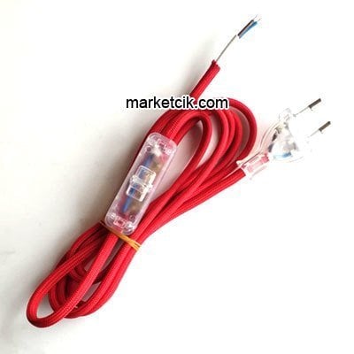 2 metre Kırmızı-Şeffaf Renk Aç Kapa Arapuar Anahtarlı Fişli Abajur Lambader Kablosu
